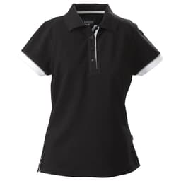 A black women's cotton polo shirt with white collar and sleeve accents, featuring a logo on the chest.