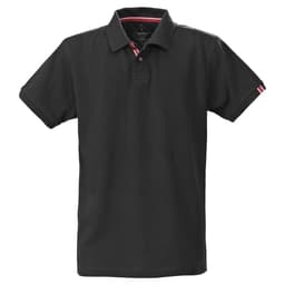 A black men's polo shirt with a collar and short sleeves, featuring a logo and striped details on the sleeves.