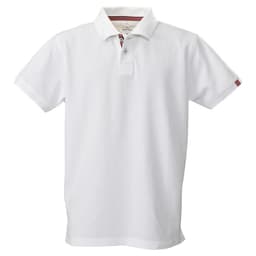 A white men's polo shirt with a collar and striped detail on the sleeves, featuring a logo.