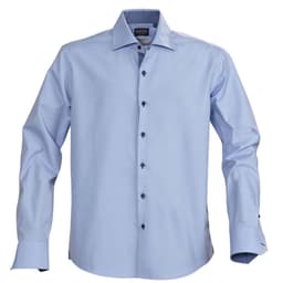 A light blue button-up shirt featuring long sleeves and a branded logo. Buttons are dark in colour.