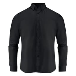 A black men's shirt with a button-up front and long sleeves. The shirt has a collar and a logo.