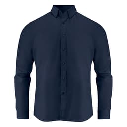 A navy blue long-sleeved shirt with a button-up front and collar. It has a subtle brand logo.