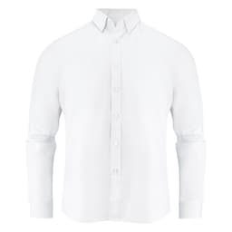A white long-sleeve shirt with a button-up front and a classic collar, featuring a logo on the chest.
