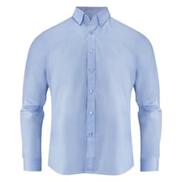 A light blue men's shirt with long sleeves and a button-down front. It features a collar and has a logo on the chest.