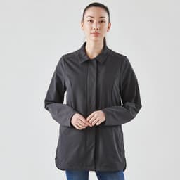 A women's jacket in dark grey with a collar and long sleeves, featuring a logo.