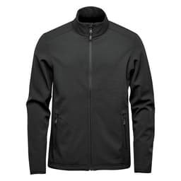 A black softshell jacket with a high collar and zippered pockets, featuring a logo on the chest.