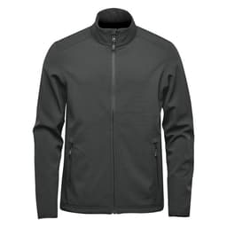 A men's softshell jacket in dark green with a full zip and two zippered pockets, featuring a subtle logo.