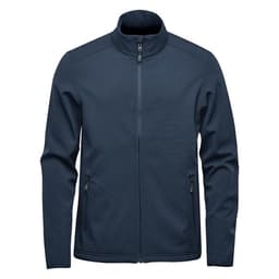 A navy blue softshell jacket with a zip front and side pockets, featuring a logo on the chest.