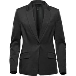 A women's black knit blazer with a single button and striped interior, featuring two front pockets and a lapel collar.