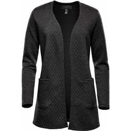 A Women's Chelsea Open Cardigan in a textured dark grey with pockets and a relaxed fit. Features a branding logo.