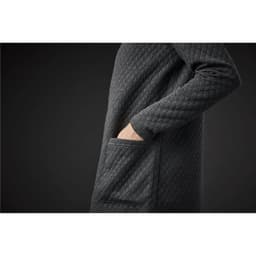 A dark green women's Chelsea open cardigan featuring a textured pattern and a side pocket.