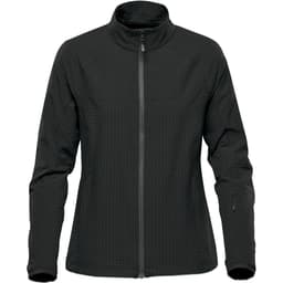 A women's jacket in dark grey with a zip front and a high collar, featuring a logo on the sleeve.