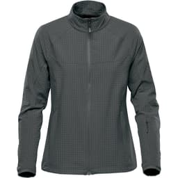 A women's jacket in dark grey with a zip front and a sleek, textured design. Features a branded logo.