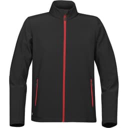 A black softshell jacket with red zippers and pockets, featuring a high collar and a logo.