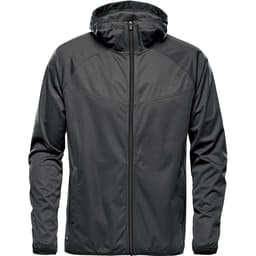 A men's softshell jacket in dark grey with a hood and a zippered front, featuring a logo on the chest.