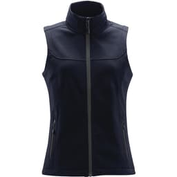 A women's softshell vest in navy blue with a high collar and zippered pockets, featuring branding.