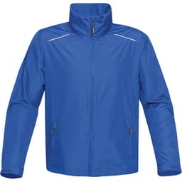 A blue rain jacket with a high collar, two zippered pockets, and reflective detailing. It has a branding logo.