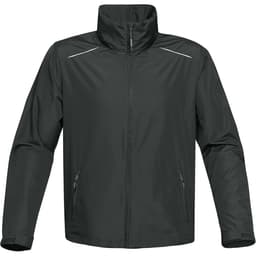 A dark green rain jacket featuring a zippered front, side pockets, and reflective detailing. It has a stand-up collar and a logo.