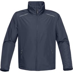 A navy rain jacket featuring a high collar and two zippered pockets, with a logo on the front.