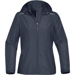 A women's rain jacket in navy blue featuring a hood and zippered pockets, with a logo on the chest.