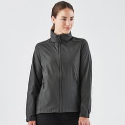 A women's rain jacket in dark grey, featuring a zip front and side pockets. It has a subtle logo on the chest.