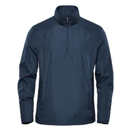 A navy blue men's 1/4 zip anorak jacket featuring a high collar and a branding logo.