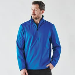 A blue men's 1/4 zip anorak jacket with a front zipper and a logo on the chest.