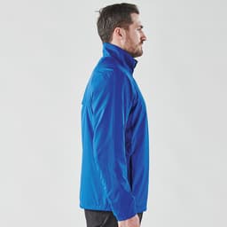 A blue men's rain jacket with a 1/4 zip and collar, featuring a logo on the front.