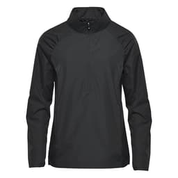 A black women's 1/4 zip anorak rain jacket with a logo. Features raglan sleeves and a high collar.