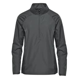 A women's rain jacket in dark grey featuring a 1/4 zip and a logo. Ideal for outdoor wear.