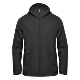 A dark green wind jacket with a hood, featuring a zip front and an attached logo.