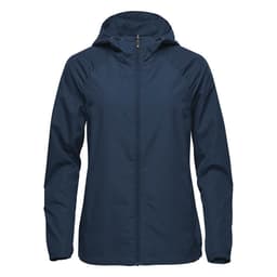 A navy blue women's wind jacket with a hood and a zippered front, featuring a logo on the chest.