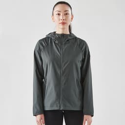 A dark grey women's wind jacket with a hood, featuring a front zipper and a minimalistic design.