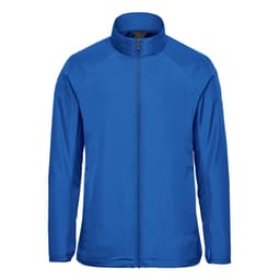 A blue full zip jacket with a stand-up collar and raglan sleeves. Features a logo on the chest.