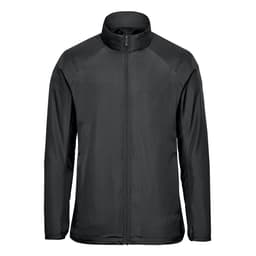 A black men's full zip jacket with a high collar and a sleek design. It features branding on the material.