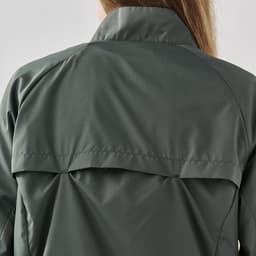 A dark green women's rain jacket featuring a high collar and back flap detail, with branding visible.