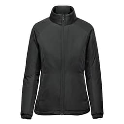 A women's thermal jacket in black with a high collar and zip-up front. It features a logo on the upper chest.