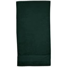 A dark green Terry Velour Towel featuring a smooth texture and a folded edge. It has a logo.