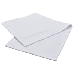 A white sublimation sports towel with a soft, plush texture, featuring a logo. Ideal for gym and outdoor activities.