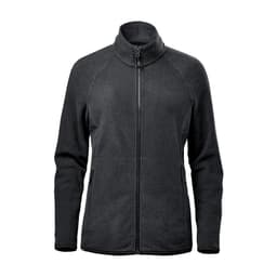 A women's full zip jacket in dark grey with a high collar and two side pockets. It features a logo.