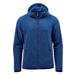 A blue full zip hoodie featuring a hood, front pockets, and a zipper closure. It includes branding on the design.