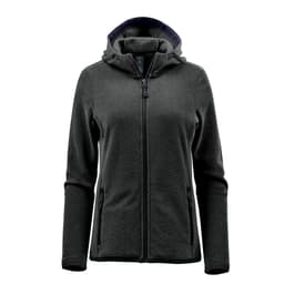 A women's full zip hoody in dark grey featuring a hood and zippered pockets, with branding present.