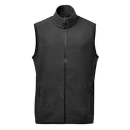 A black men's vest with a high collar and zip closure, featuring two side pockets and a plain design.