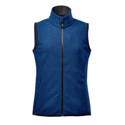 A blue women's vest with a high collar and front zip, featuring two side pockets and a logo.