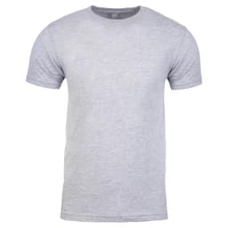 A grey cotton crew t-shirt with a round neck and short sleeves. The shirt features a logo on the label.