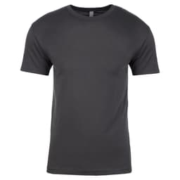 A grey crew neck t-shirt made of cotton, featuring short sleeves and a logo.