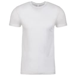 A plain white men's cotton crew t-shirt with short sleeves and a crew neck. It features a small logo.