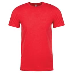 A red crew neck t-shirt made from CVC material with short sleeves and a logo.