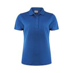 A blue women's polo shirt with a collar and three-button placket. It features a logo on the front.