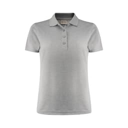 A grey women's polo shirt featuring a classic collar and button-down placket, with a logo on the chest.